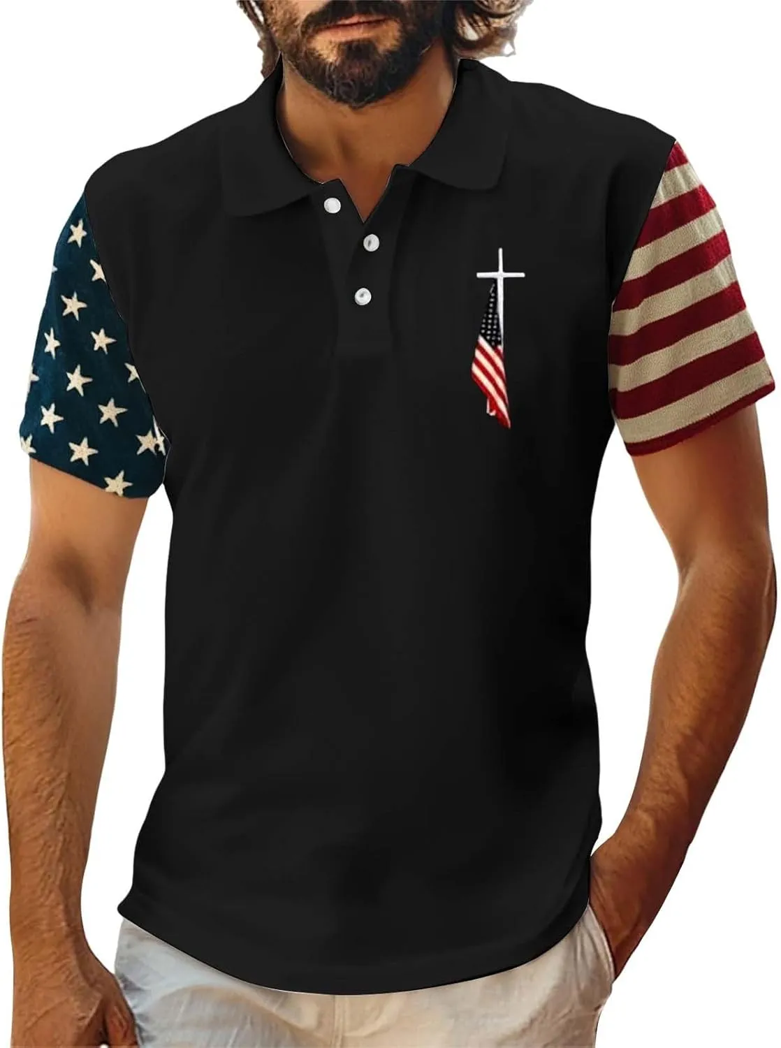 Men's Vintage USA Flag Golf Polo Shirts Christian Cross 4th of Juky Short Sleeve Tactical Collared Patchwork Shirt
