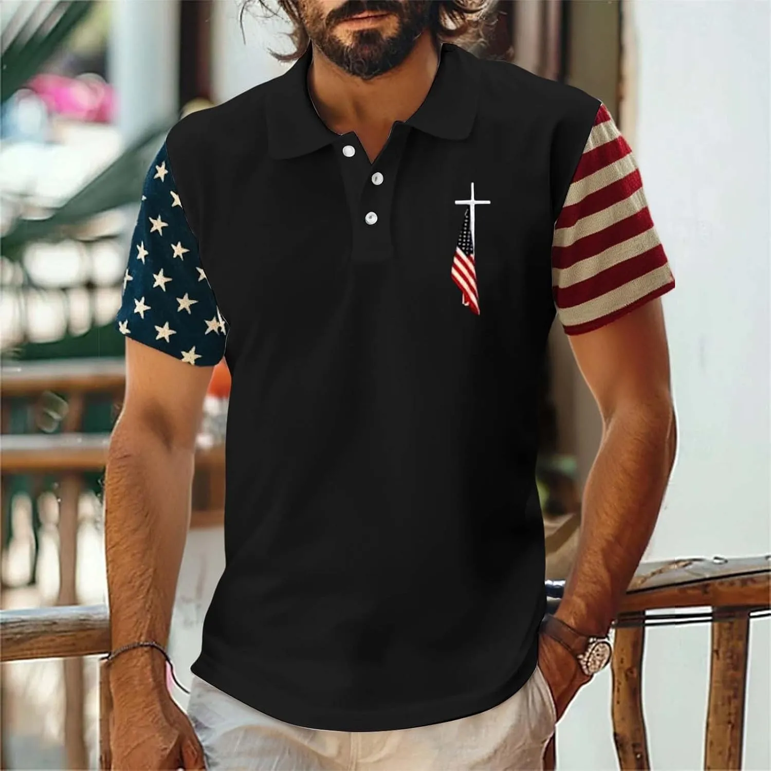 Men's Vintage USA Flag Golf Polo Shirts Christian Cross 4th of Juky Short Sleeve Tactical Collared Patchwork Shirt