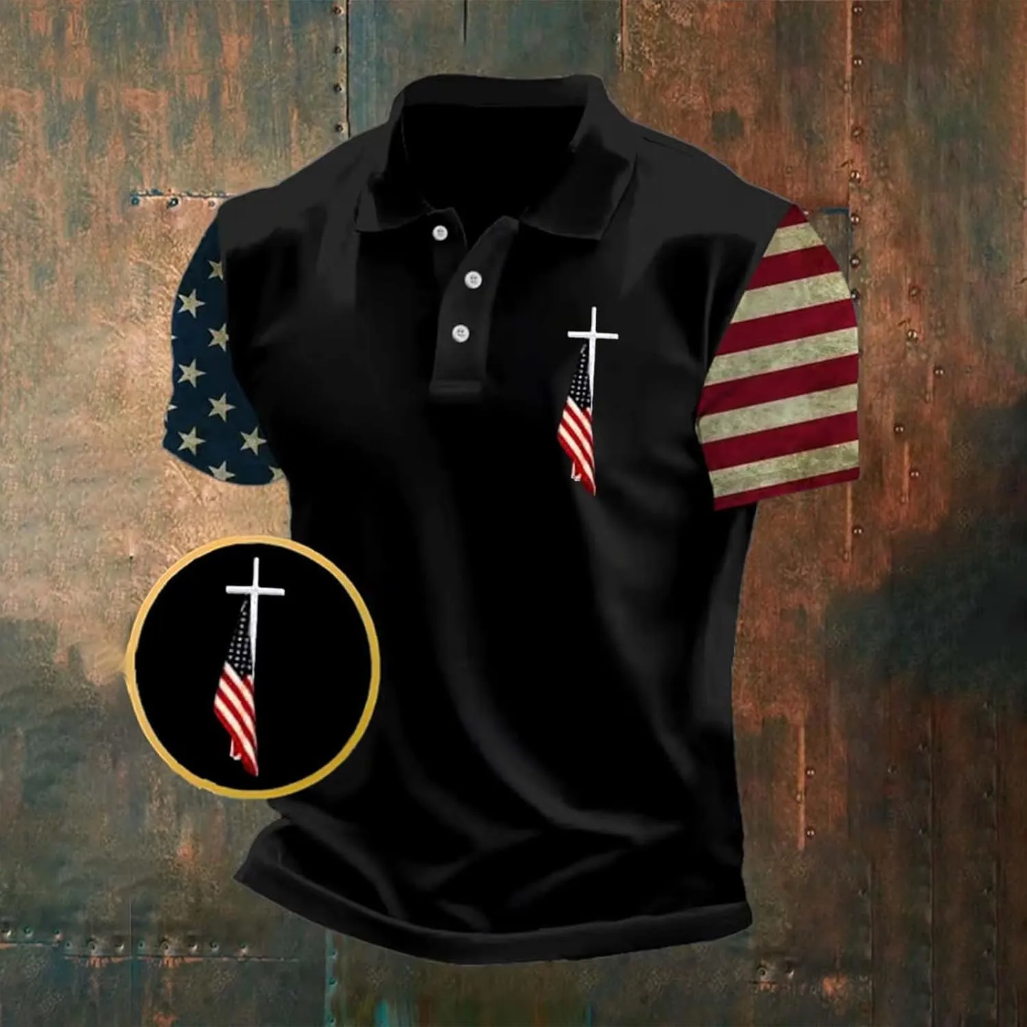 Men's Vintage USA Flag Golf Polo Shirts Christian Cross 4th of Juky Short Sleeve Tactical Collared Patchwork Shirt