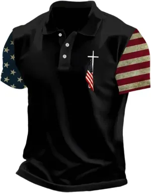 Men's Vintage USA Flag Golf Polo Shirts Christian Cross 4th of Juky Short Sleeve Tactical Collared Patchwork Shirt