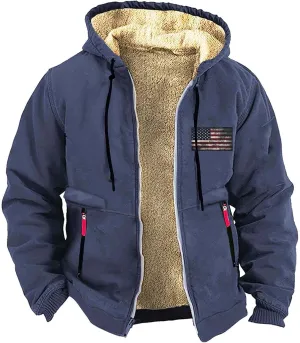 Men's Winter Hoodie Jacket Thick Cotton Warm Fleece Lined Coat Trucker Lapel Collar USA Flag Printed Work Sweatshirts