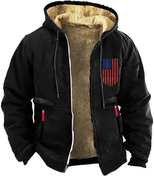 Men's Winter Hoodie Jacket Thick Cotton Warm Fleece Lined Coat Trucker Lapel Collar USA Flag Printed Work Sweatshirts