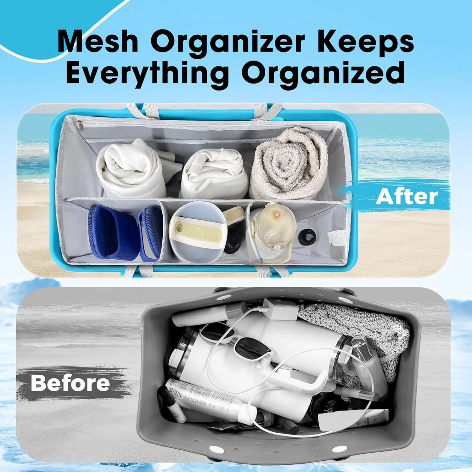 Mesh Beach Bag Organizer Liner Compatible with X Large Bogg Bag Accessories, Mesh Insert Divider Pouch Zipper for Original Bogg Bags XL/Simply Southern Tote -Grey