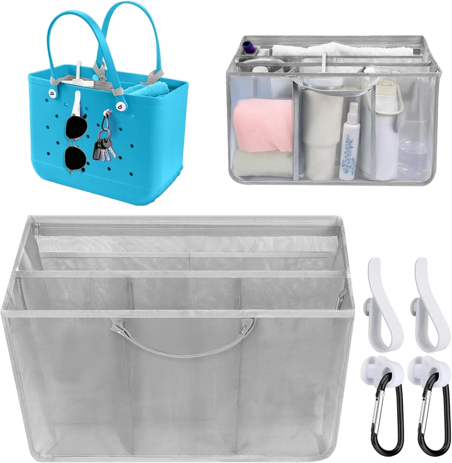 Mesh Beach Bag Organizer Liner Compatible with X Large Bogg Bag Accessories, Mesh Insert Divider Pouch Zipper for Original Bogg Bags XL/Simply Southern Tote -Grey