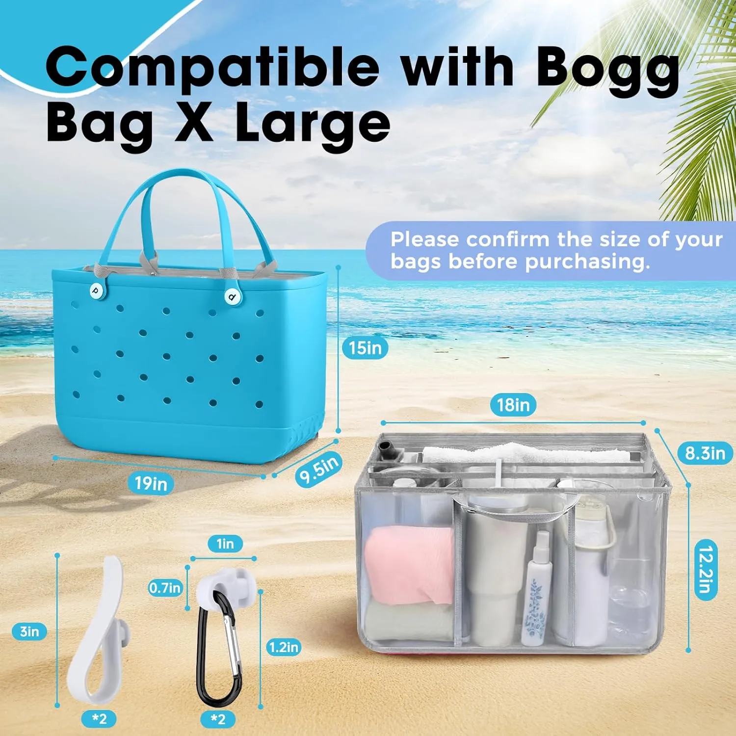 Mesh Beach Bag Organizer Liner Compatible with X Large Bogg Bag Accessories, Mesh Insert Divider Pouch Zipper for Original Bogg Bags XL/Simply Southern Tote -Grey