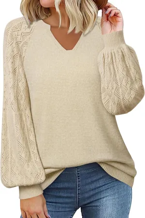 Messic Womens Pullover Sweaters 2024 Casual Long Sleeve V Neck Loose Knit Tops