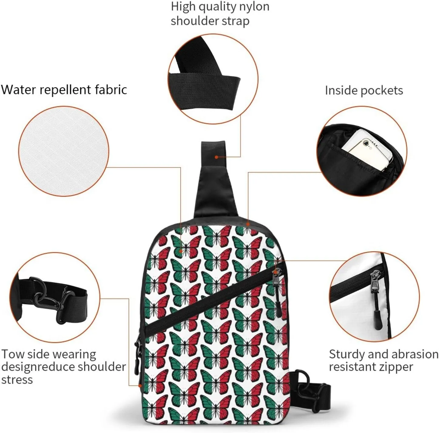 Mexican Flag Butterfly Crossbody Bag Portable Sling Bags Foldable Chest Daypack Reusable Sports Shoulder Backpack Diagonally Casual Rucksack Travel Bag