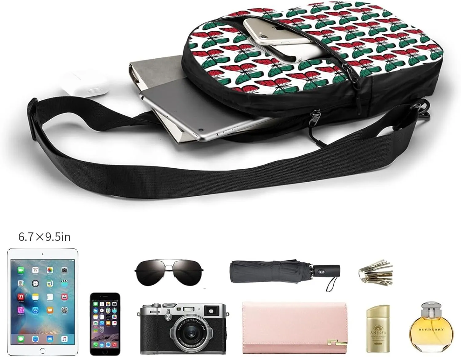 Mexican Flag Butterfly Crossbody Bag Portable Sling Bags Foldable Chest Daypack Reusable Sports Shoulder Backpack Diagonally Casual Rucksack Travel Bag