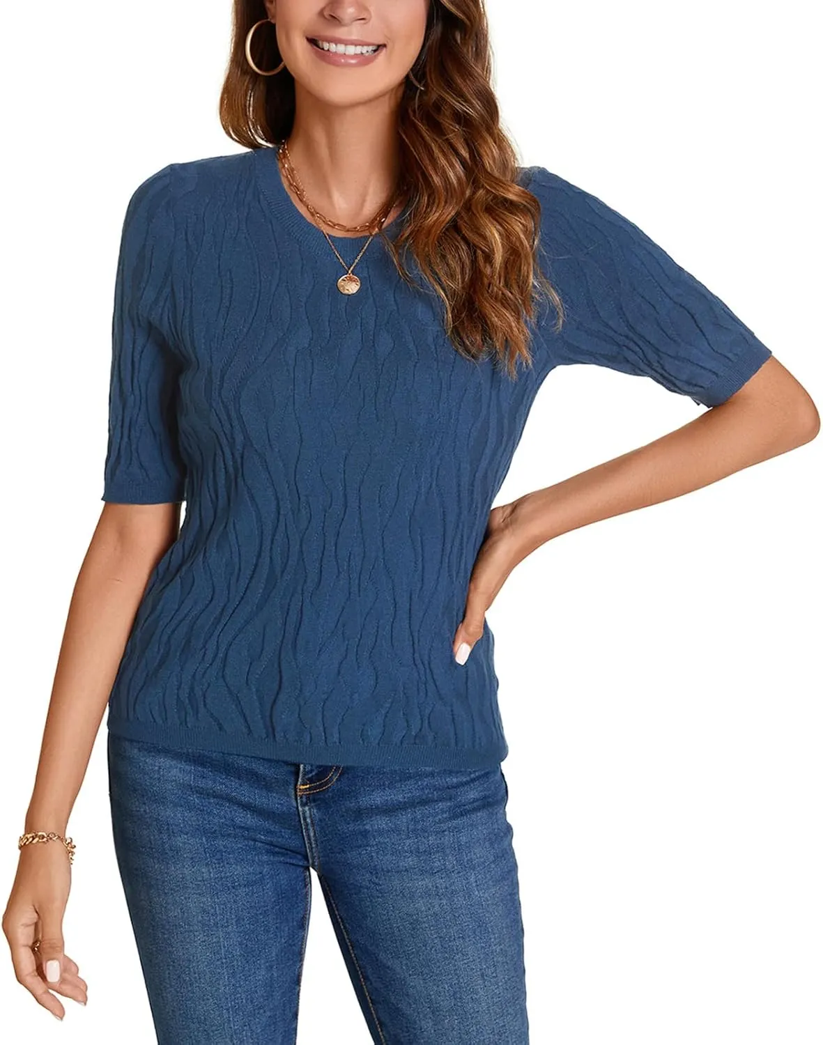 MINTLIMIT Womens Short Sleeve Sweater Summer Pullover Shirt Tops Texture V Neck Casual Knit Tees Tops