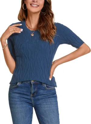 MINTLIMIT Womens Short Sleeve Sweater Summer Pullover Shirt Tops Texture V Neck Casual Knit Tees Tops