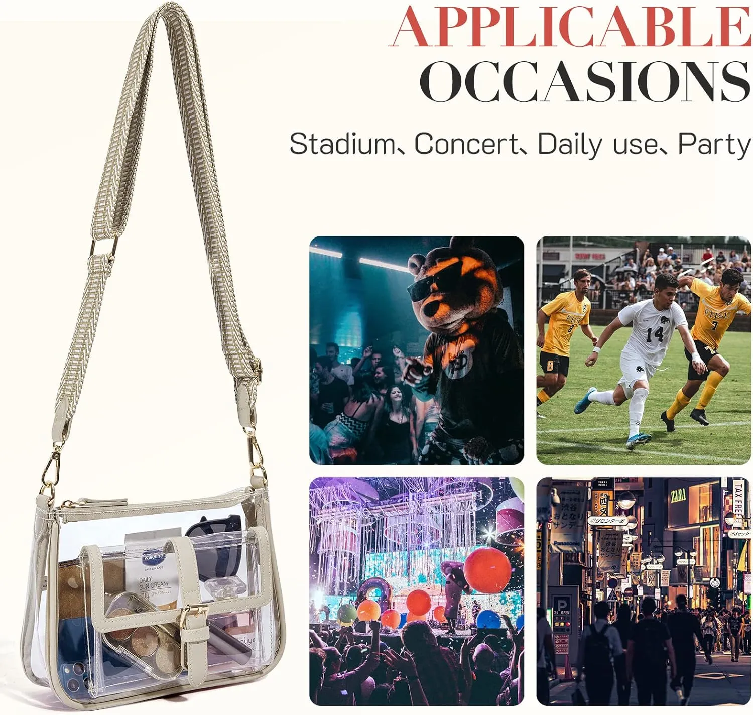 Missnine Clear Bag Stadium Approved PVC Crossbody Purse for Women Transparent Shoulder Concert Bag with Guitar Strap
