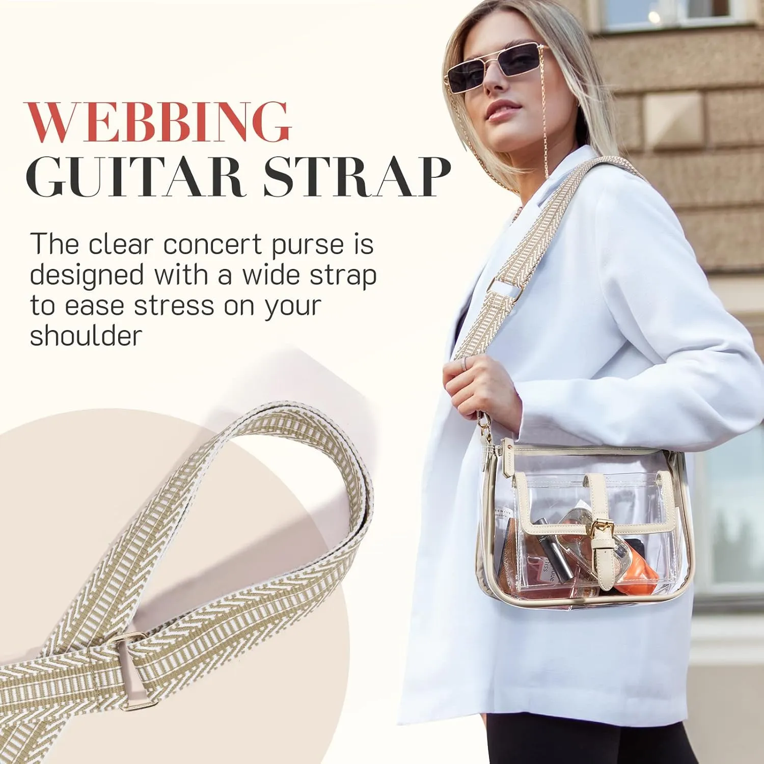 Missnine Clear Bag Stadium Approved PVC Crossbody Purse for Women Transparent Shoulder Concert Bag with Guitar Strap