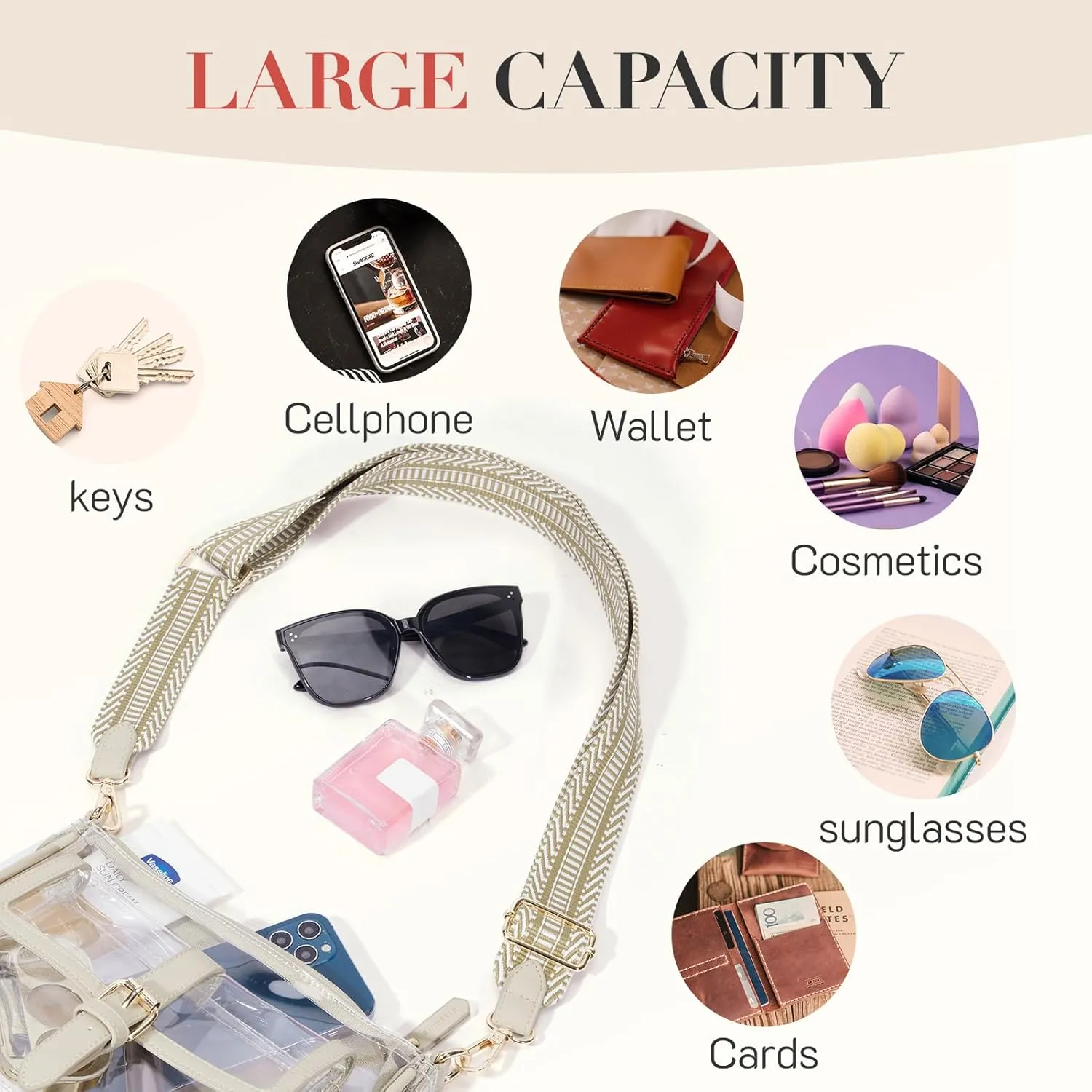 Missnine Clear Bag Stadium Approved PVC Crossbody Purse for Women Transparent Shoulder Concert Bag with Guitar Strap