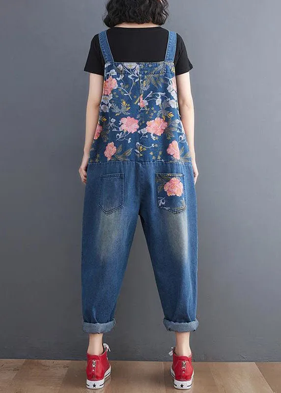 Modern Blue Print Patchwork Denim Straight Overalls Jumpsuit