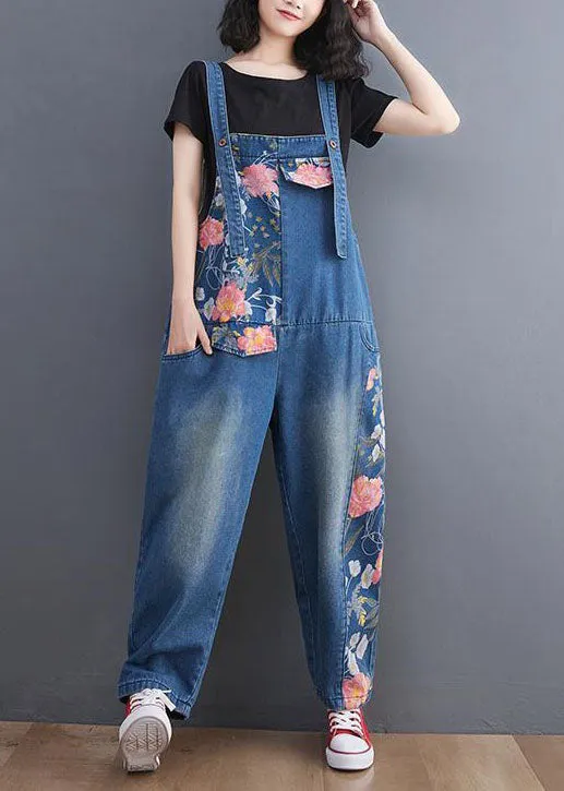 Modern Blue Print Patchwork Denim Straight Overalls Jumpsuit