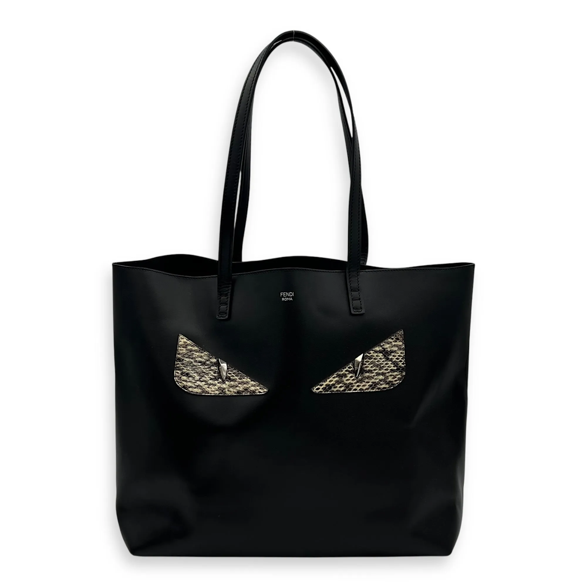 Monster Eyes Shopping Black Tote Bag in Calfskin, Silver hardware