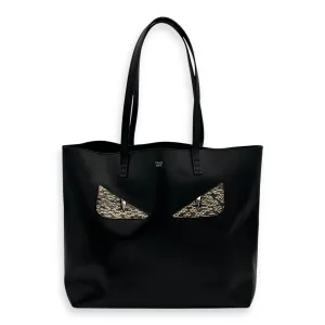 Monster Eyes Shopping Black Tote Bag in Calfskin, Silver hardware