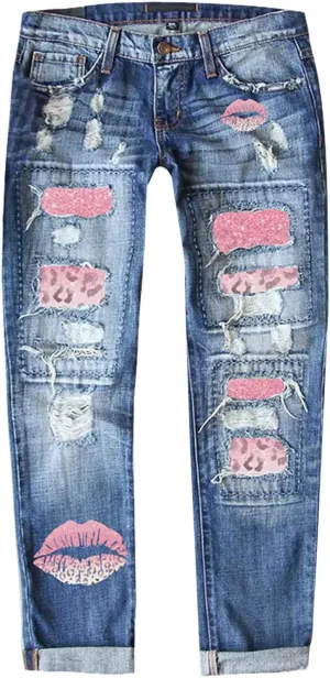 Muyise Women High Waist Skinny Stretch Ripped Jeans Sunflower Patch Destroyed Straight Leg Boyfriend Denim Pants with Pockets