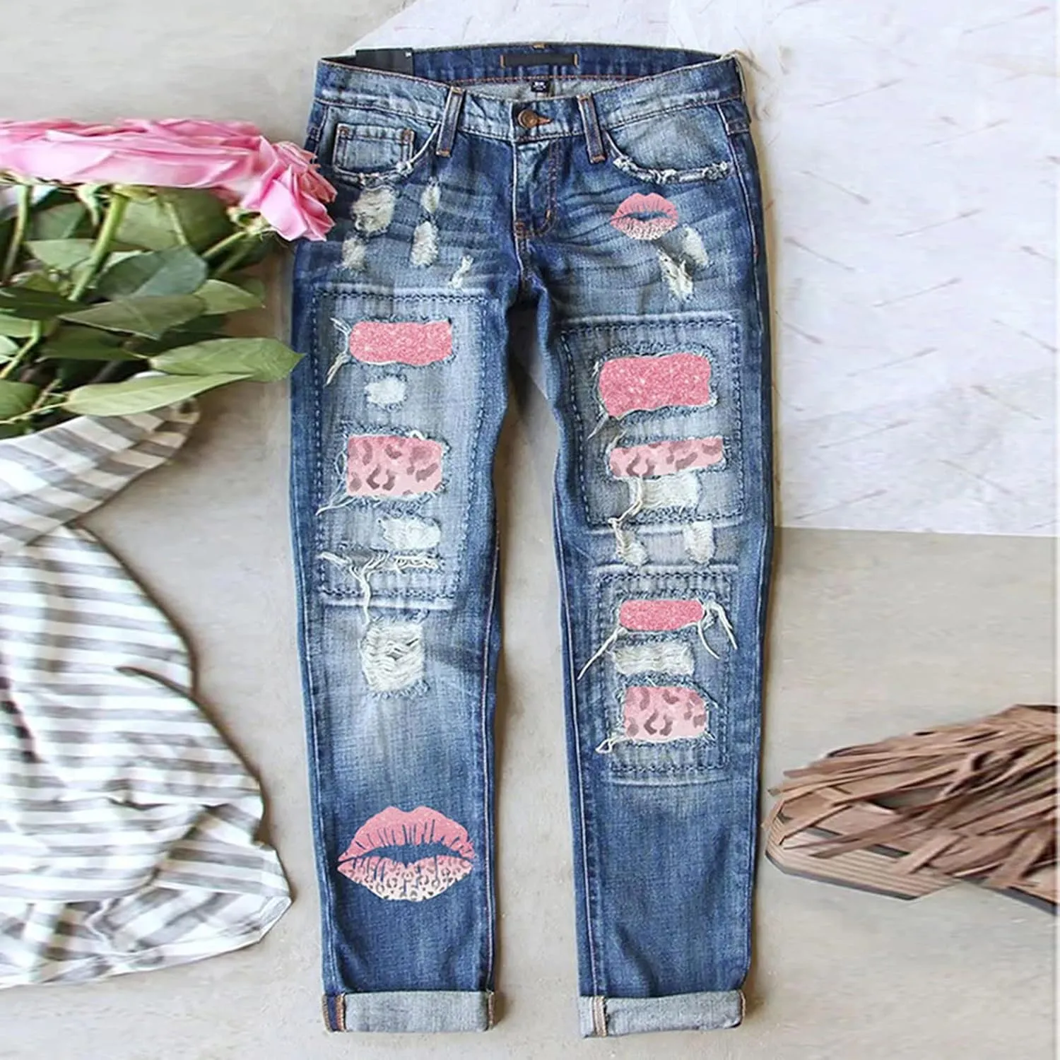 Muyise Women High Waist Skinny Stretch Ripped Jeans Sunflower Patch Destroyed Straight Leg Boyfriend Denim Pants with Pockets