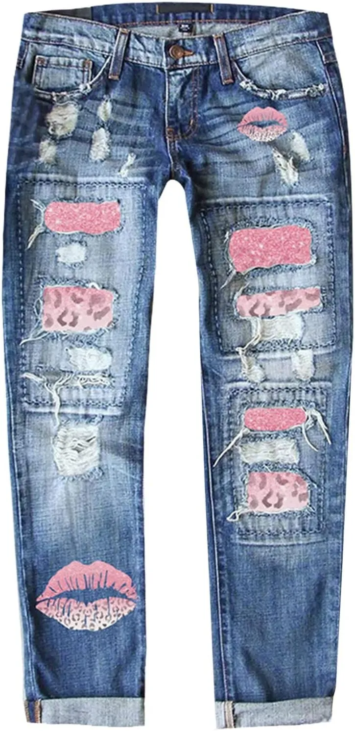 Muyise Women High Waist Skinny Stretch Ripped Jeans Sunflower Patch Destroyed Straight Leg Boyfriend Denim Pants with Pockets
