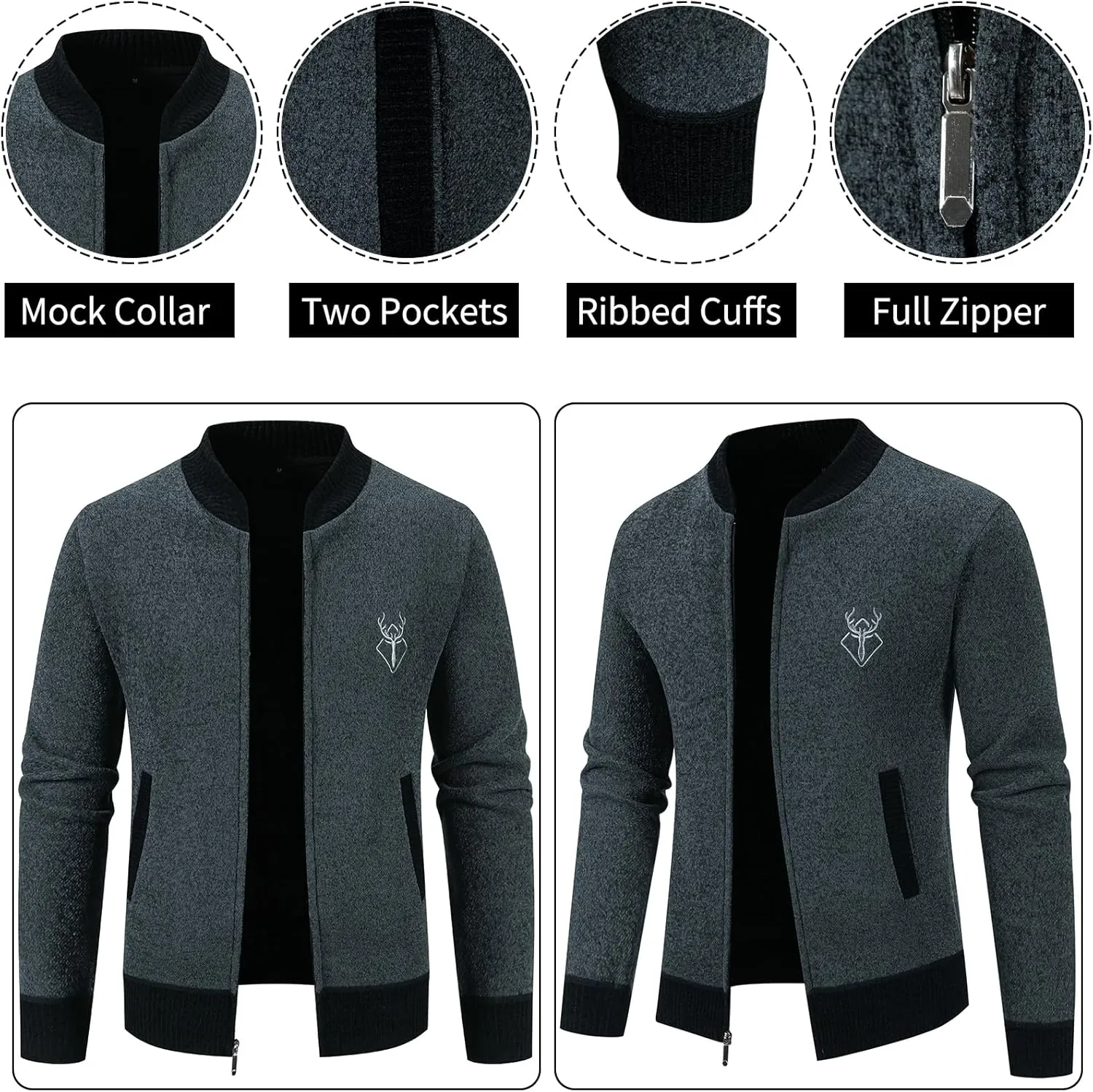 Mylldey Mens Casual Full Zip Cardigan Sweaters Cable Knit Jacket Sweater Men, US Size