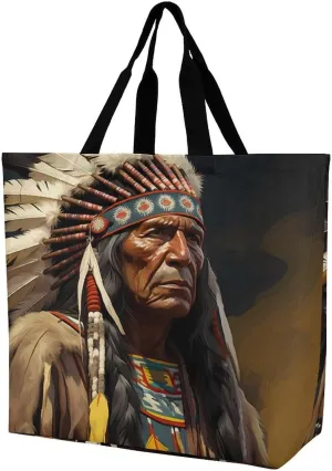 Native American The Old Chief Shoulder Bag Large Capacity Shopping Bag Washable Grocery Bag Handbag for Women Men