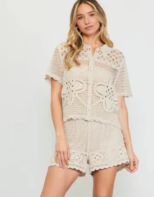 Natural color-Crochet Short Sleeves Polo Top
