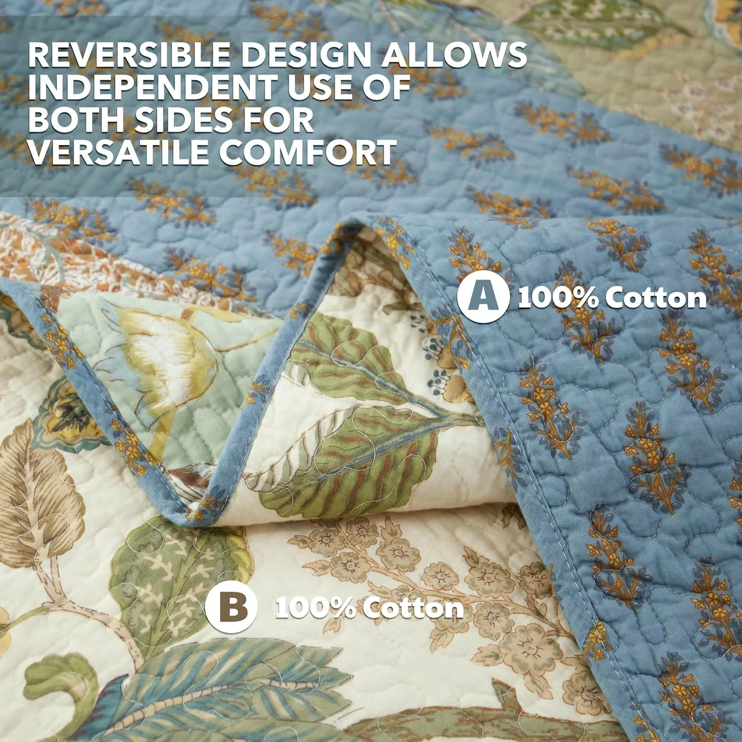 NEWLAKE Quilt Set Queen Size, 100% Cotton Patchwork Green Bohemian Quilt Sets, Reversible Bedspread Lightweight and Breathable for All Seasons, Soft Quilted Bedspread with 2 Pillowcases