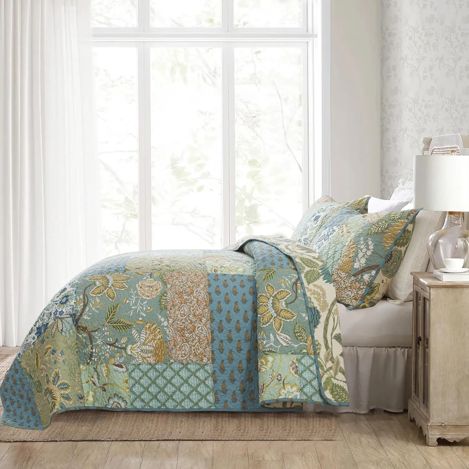 NEWLAKE Quilt Set Queen Size, 100% Cotton Patchwork Green Bohemian Quilt Sets, Reversible Bedspread Lightweight and Breathable for All Seasons, Soft Quilted Bedspread with 2 Pillowcases