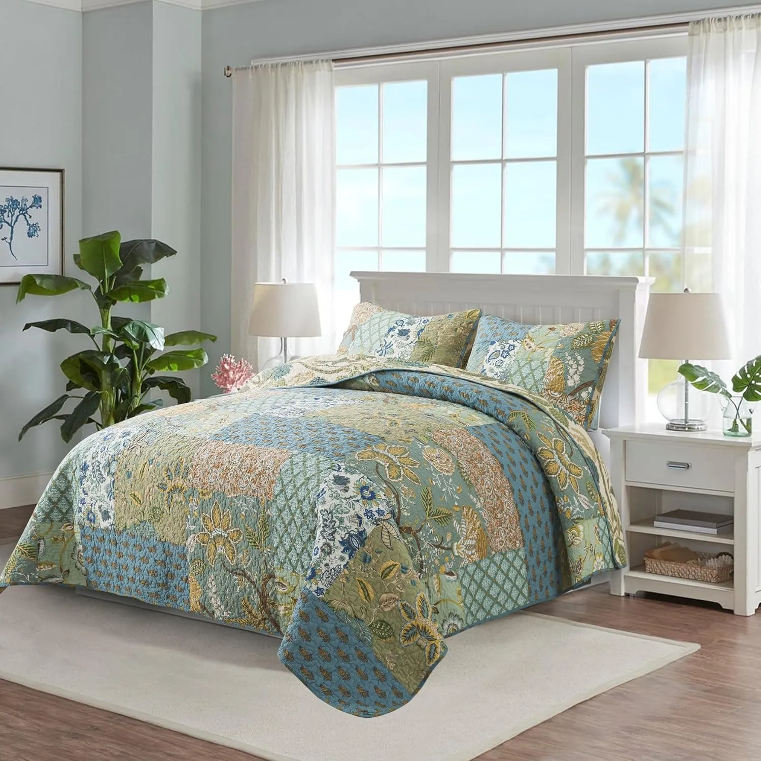 NEWLAKE Quilt Set Queen Size, 100% Cotton Patchwork Green Bohemian Quilt Sets, Reversible Bedspread Lightweight and Breathable for All Seasons, Soft Quilted Bedspread with 2 Pillowcases