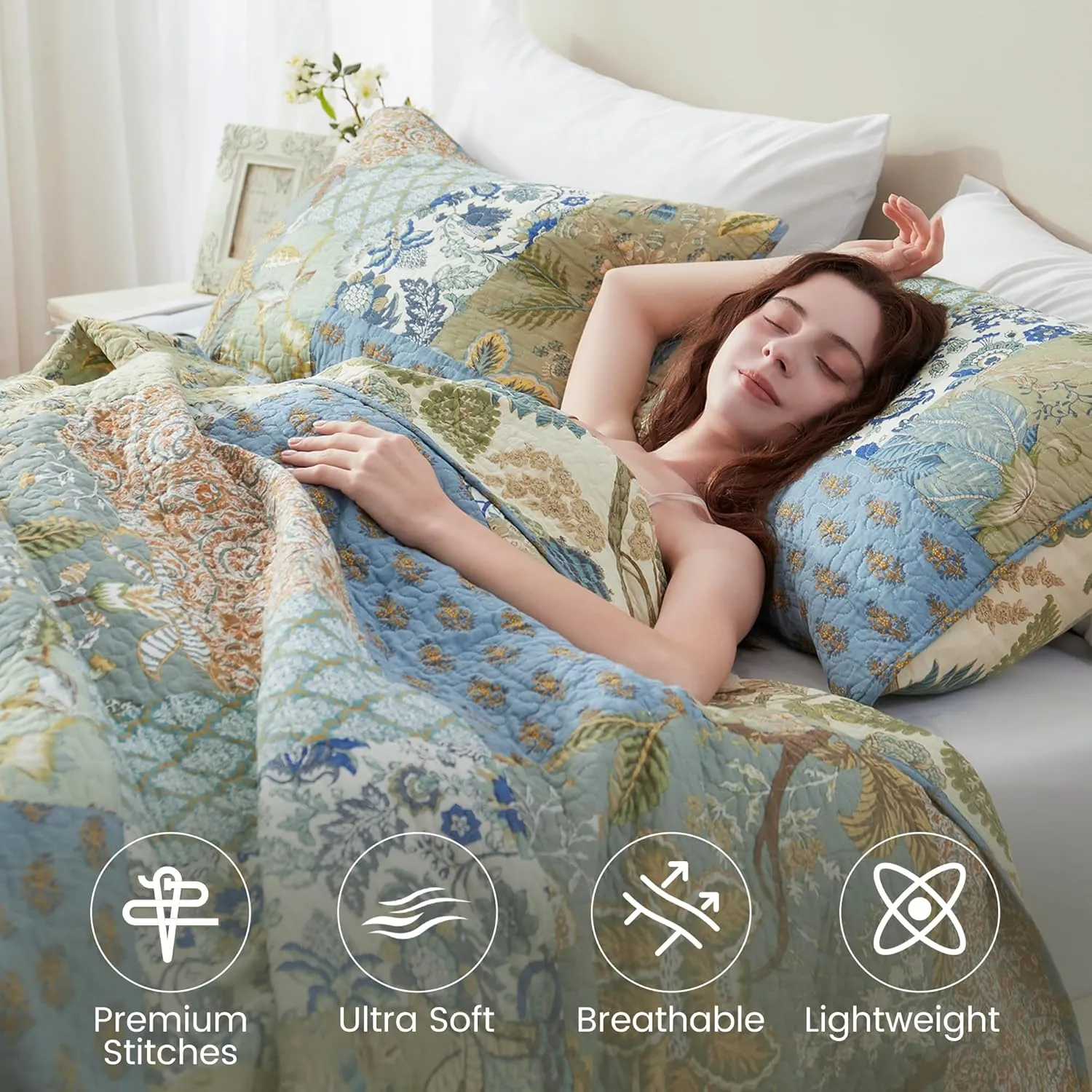 NEWLAKE Quilt Set Queen Size, 100% Cotton Patchwork Green Bohemian Quilt Sets, Reversible Bedspread Lightweight and Breathable for All Seasons, Soft Quilted Bedspread with 2 Pillowcases
