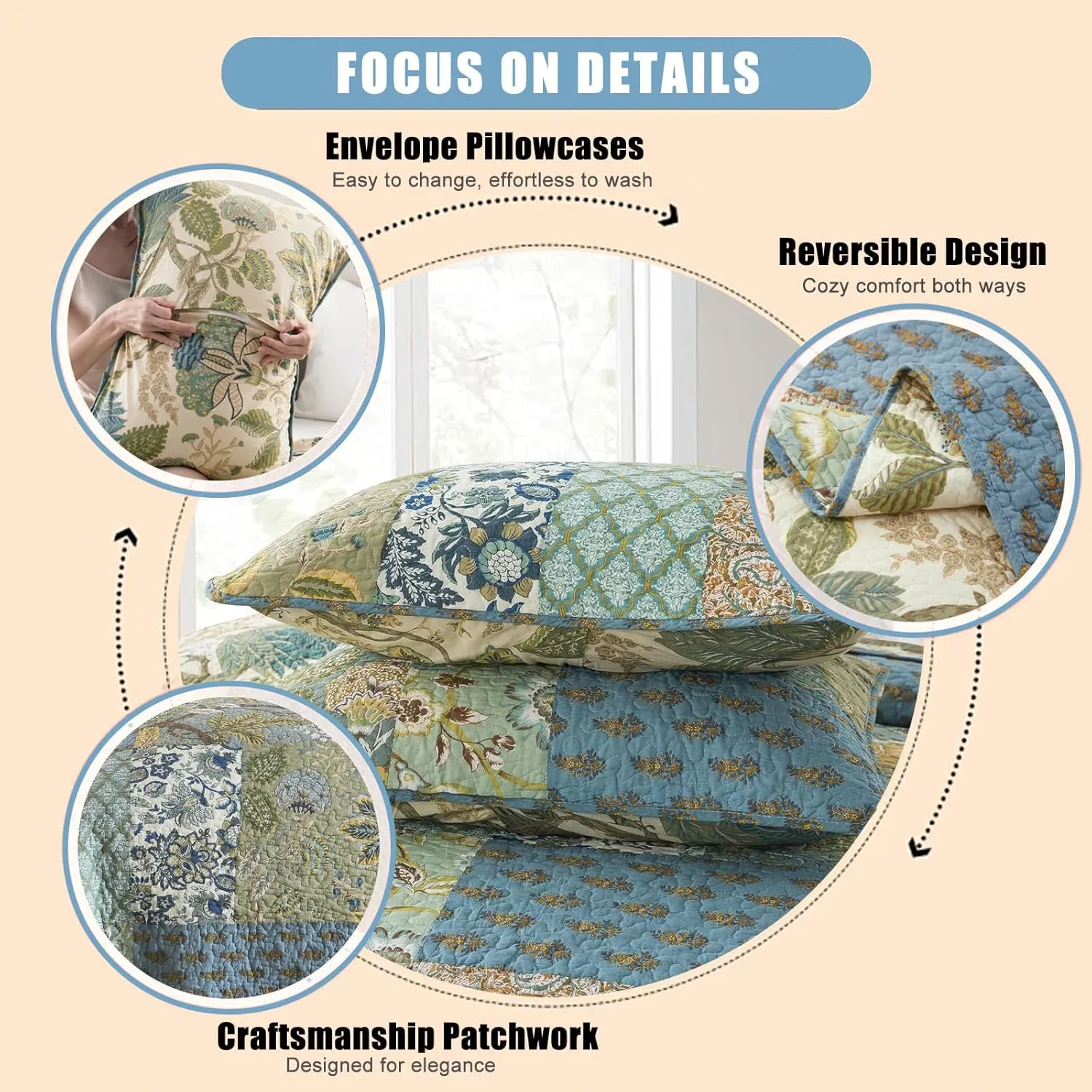 NEWLAKE Quilt Set Queen Size, 100% Cotton Patchwork Green Bohemian Quilt Sets, Reversible Bedspread Lightweight and Breathable for All Seasons, Soft Quilted Bedspread with 2 Pillowcases
