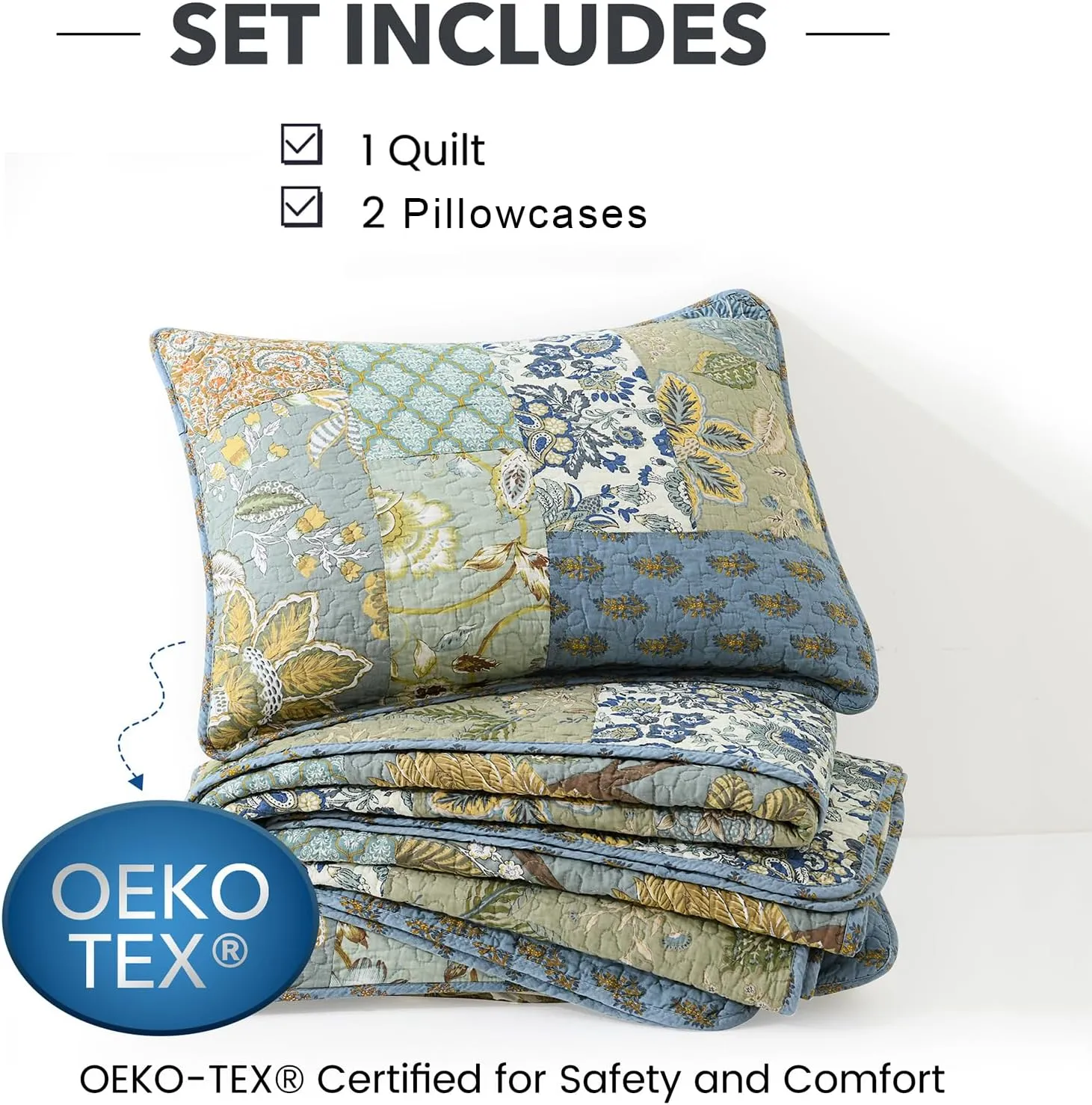 NEWLAKE Quilt Set Queen Size, 100% Cotton Patchwork Green Bohemian Quilt Sets, Reversible Bedspread Lightweight and Breathable for All Seasons, Soft Quilted Bedspread with 2 Pillowcases