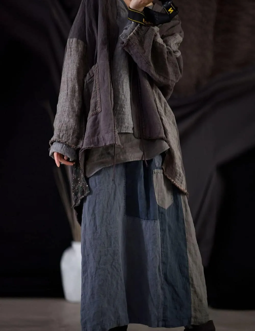 NFYM Fall Women Linen Trench Coat Lighweight Open Front Cardigan Patchwork Vintage Loose Windbreaker