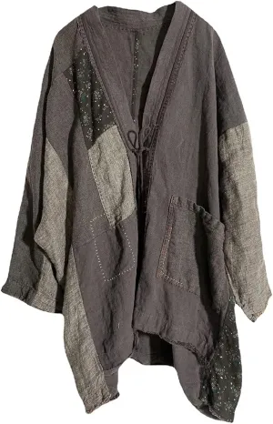 NFYM Fall Women Linen Trench Coat Lighweight Open Front Cardigan Patchwork Vintage Loose Windbreaker