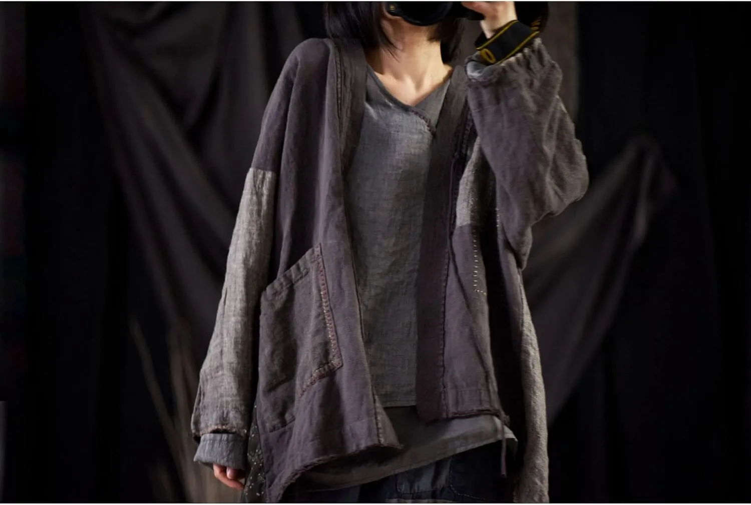 NFYM Fall Women Linen Trench Coat Lighweight Open Front Cardigan Patchwork Vintage Loose Windbreaker