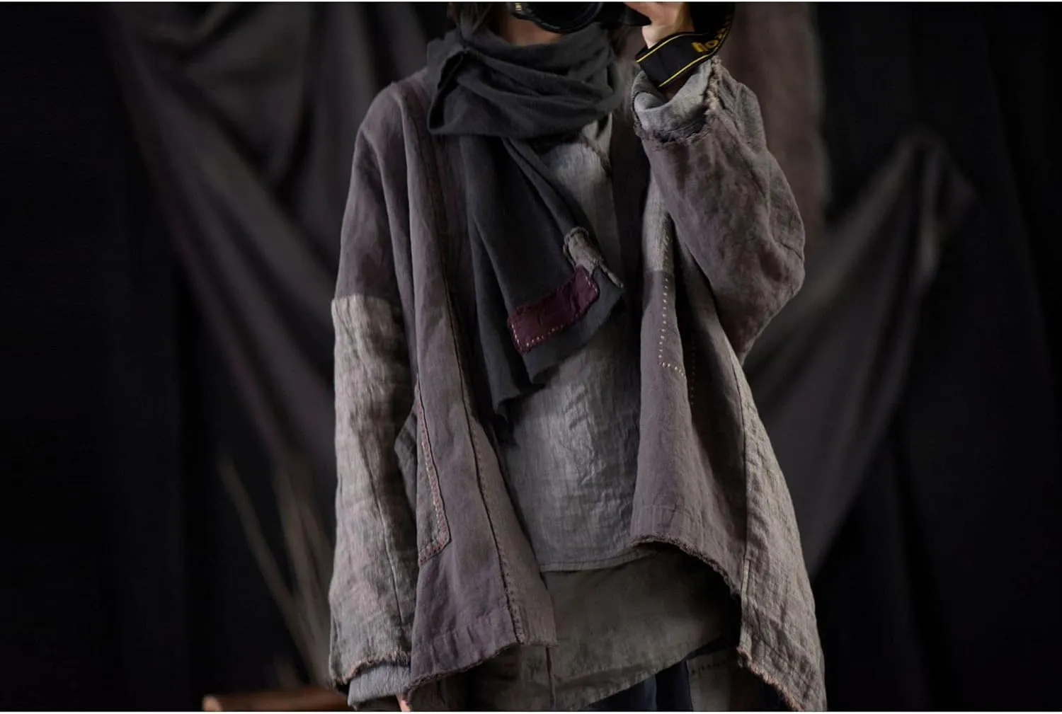NFYM Fall Women Linen Trench Coat Lighweight Open Front Cardigan Patchwork Vintage Loose Windbreaker