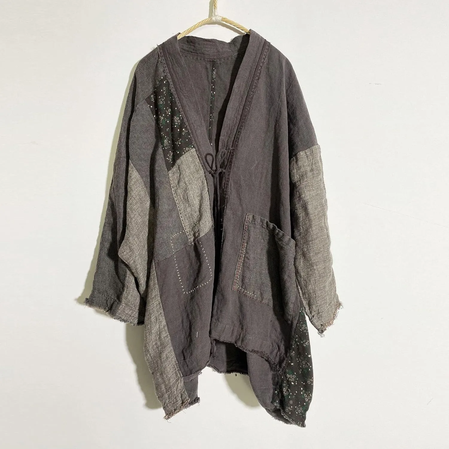 NFYM Fall Women Linen Trench Coat Lighweight Open Front Cardigan Patchwork Vintage Loose Windbreaker