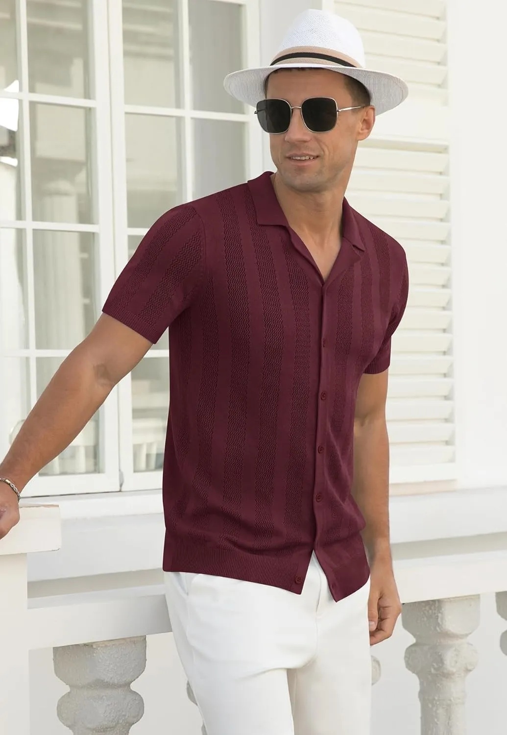 NITAGUT Men's Vacation Beach Shirts Knit Cuban Collar Mesh Button Down Short Sleeve Shirt