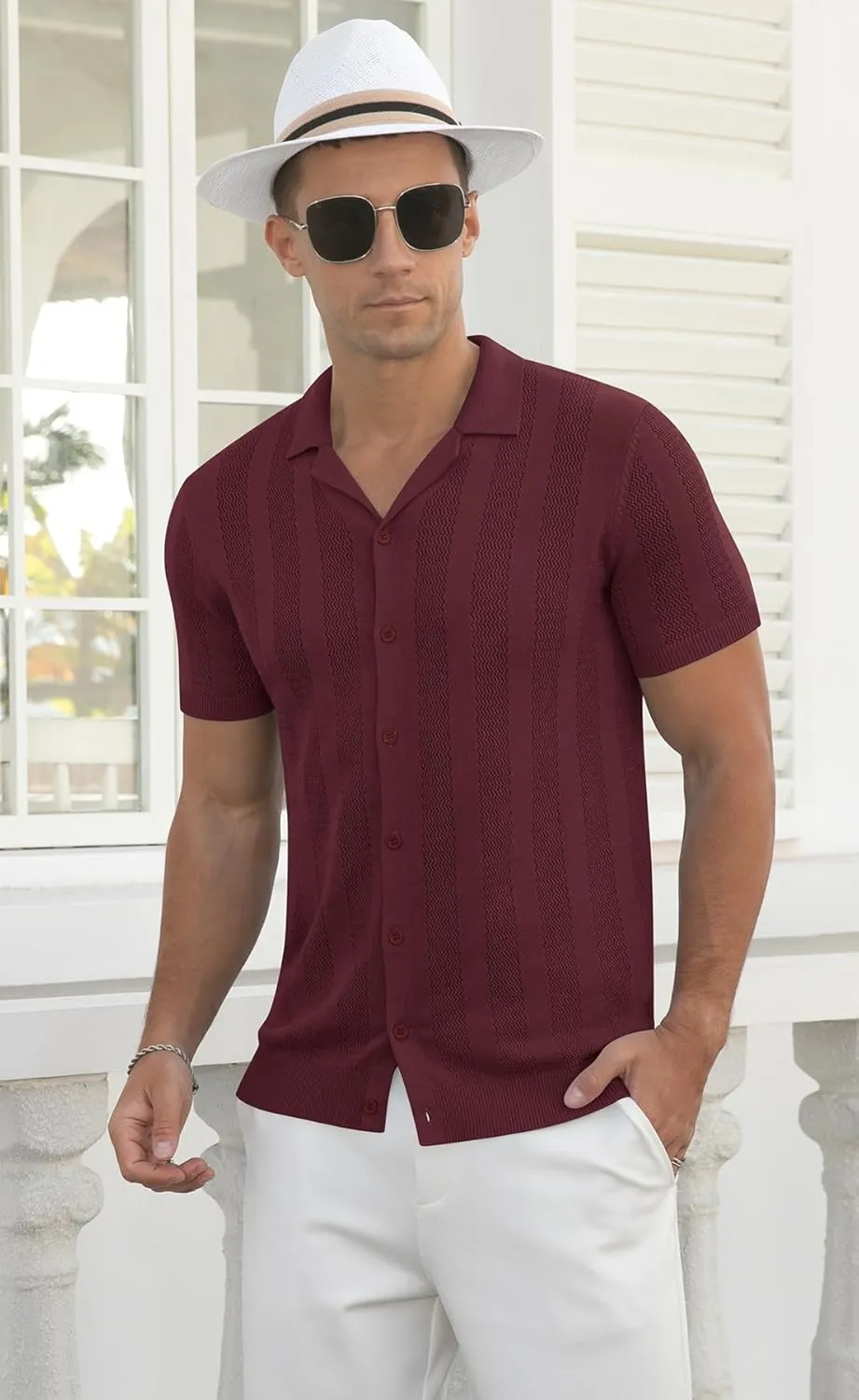 NITAGUT Men's Vacation Beach Shirts Knit Cuban Collar Mesh Button Down Short Sleeve Shirt