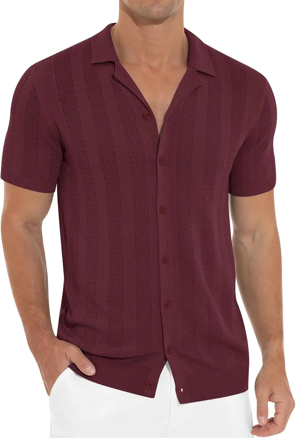 NITAGUT Men's Vacation Beach Shirts Knit Cuban Collar Mesh Button Down Short Sleeve Shirt