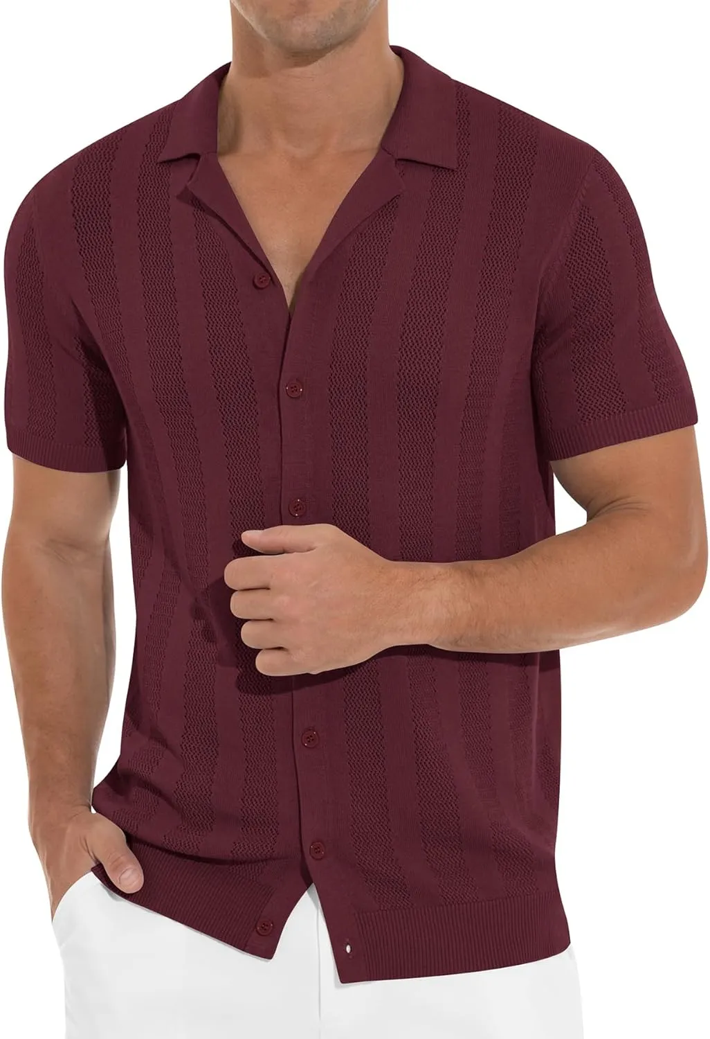 NITAGUT Men's Vacation Beach Shirts Knit Cuban Collar Mesh Button Down Short Sleeve Shirt