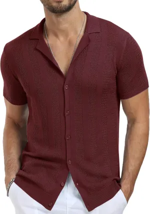 NITAGUT Men's Vacation Beach Shirts Knit Cuban Collar Mesh Button Down Short Sleeve Shirt