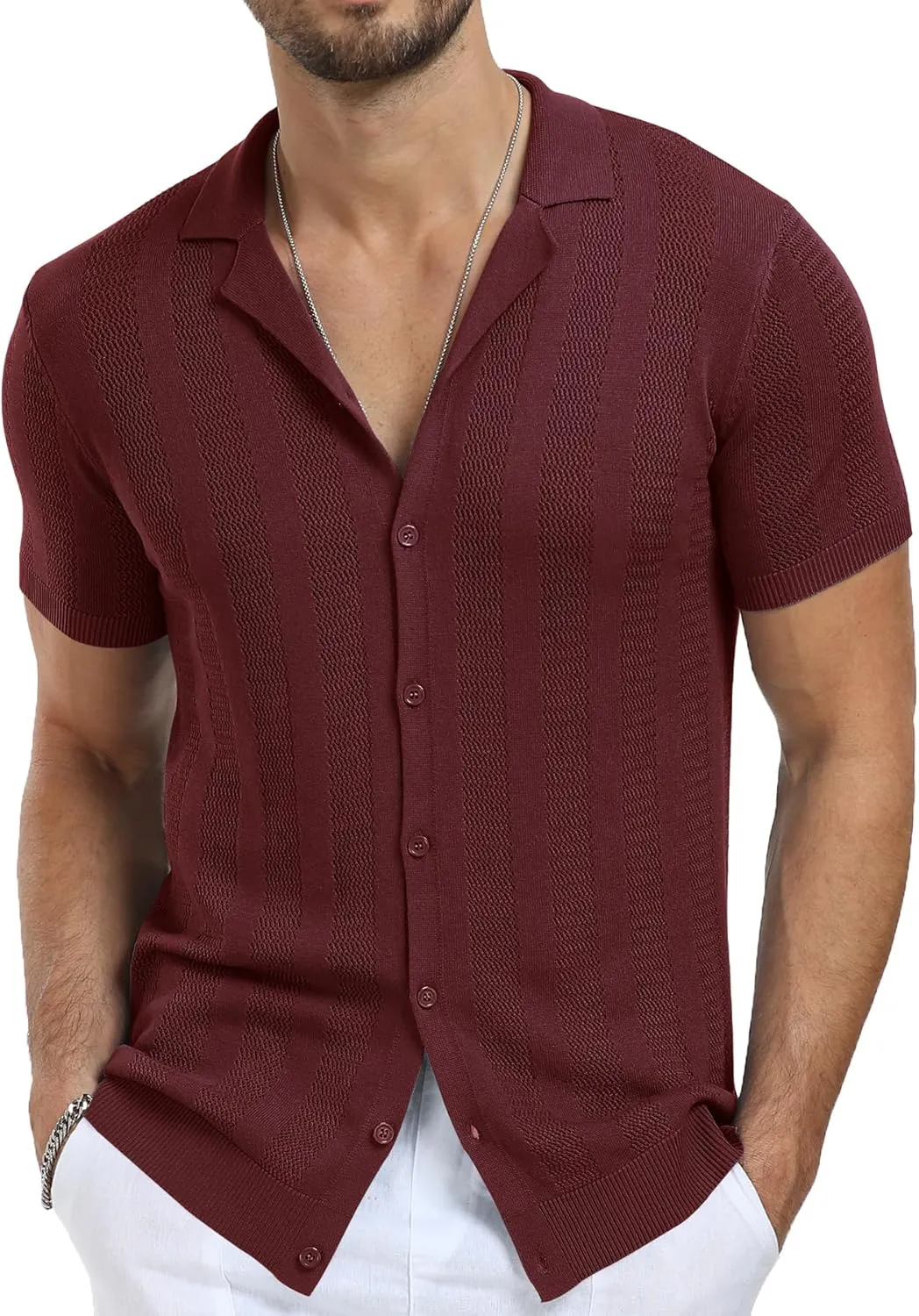 NITAGUT Men's Vacation Beach Shirts Knit Cuban Collar Mesh Button Down Short Sleeve Shirt