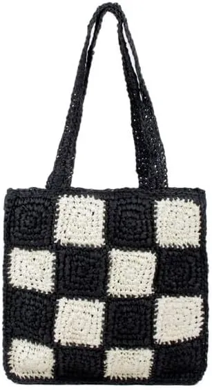 Nollia Crochet Tote Bag – Black and White Checkerboard Pattern, Reusable Knit Shoulder Bag, Eco-Friendly Boho Purse for Women