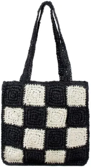 Nollia Crochet Tote Bag – Black and White Checkerboard Pattern, Reusable Knit Shoulder Bag, Eco-Friendly Boho Purse for Women