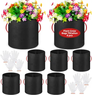 Nuenen 8 Pack Plant Grow Bags Bulk Breathable Nonwoven Fabric Pot with Handles Heavy Duty Nursery Vegetable Pots with Gloves for Garden Vegetables Potato Plants Flower Growing Planting (75 Gallon)