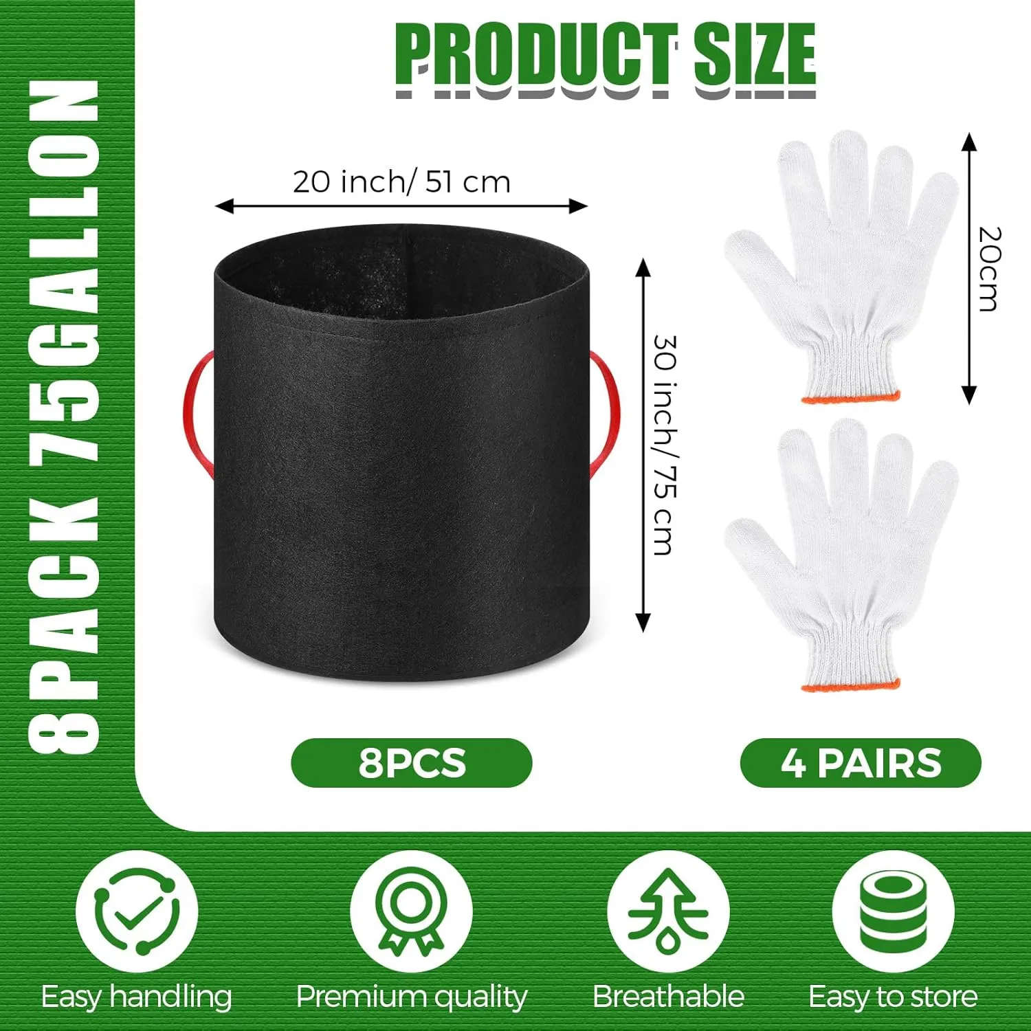 Nuenen 8 Pack Plant Grow Bags Bulk Breathable Nonwoven Fabric Pot with Handles Heavy Duty Nursery Vegetable Pots with Gloves for Garden Vegetables Potato Plants Flower Growing Planting (75 Gallon)
