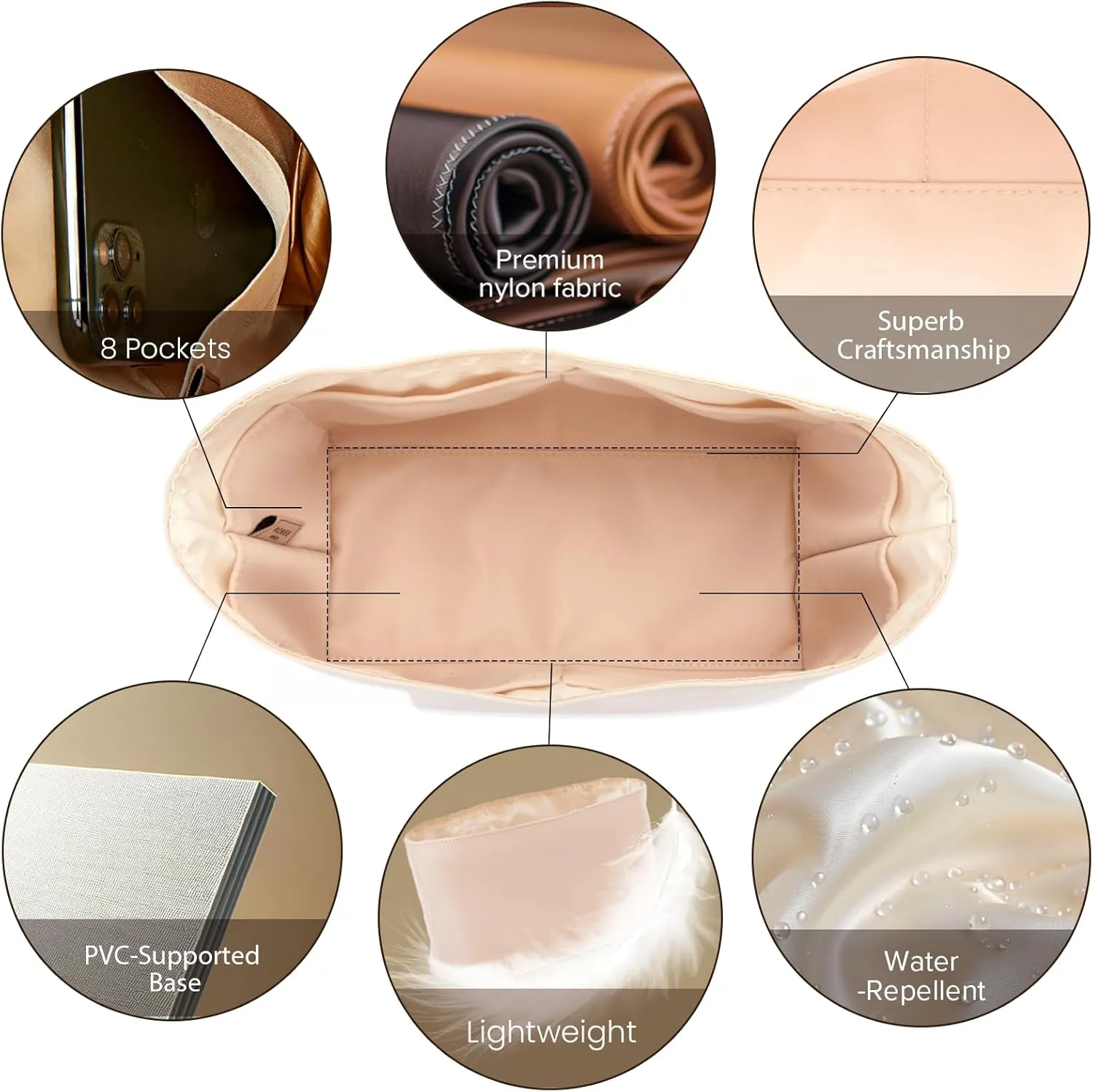 Nylon Water-Repellent Purse Organizer with Base Shaper for Dior Book Tote Handbag (Beige, Medium)