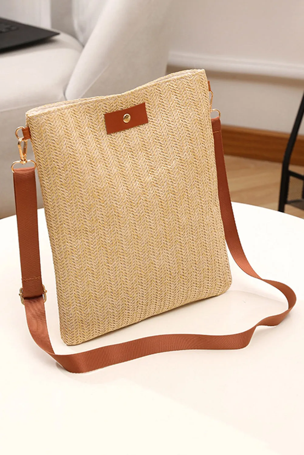 Oatmeal Straw Woven Single Button Crossbody Bag